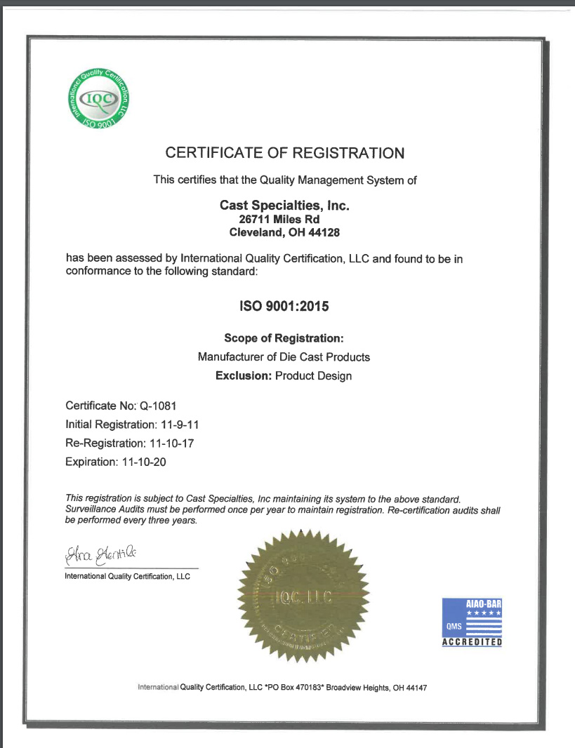 Cast Specialties certification document